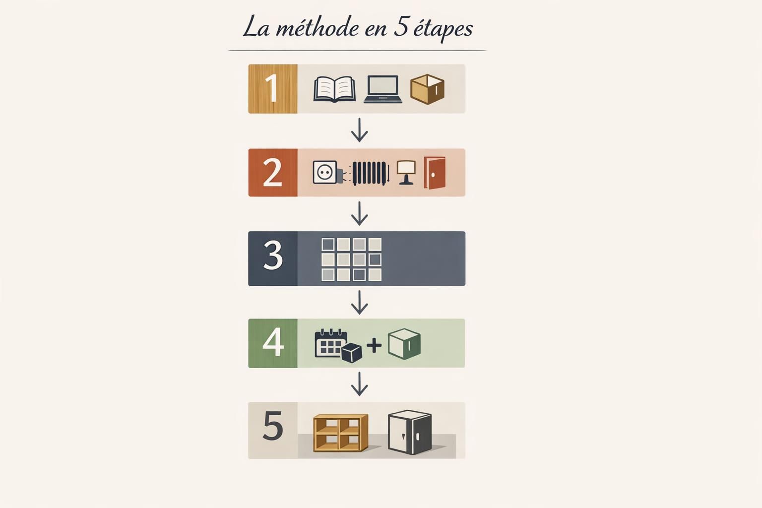 Diagramme de la méthode en 5 étapes pour aménager avec des meubles modulables