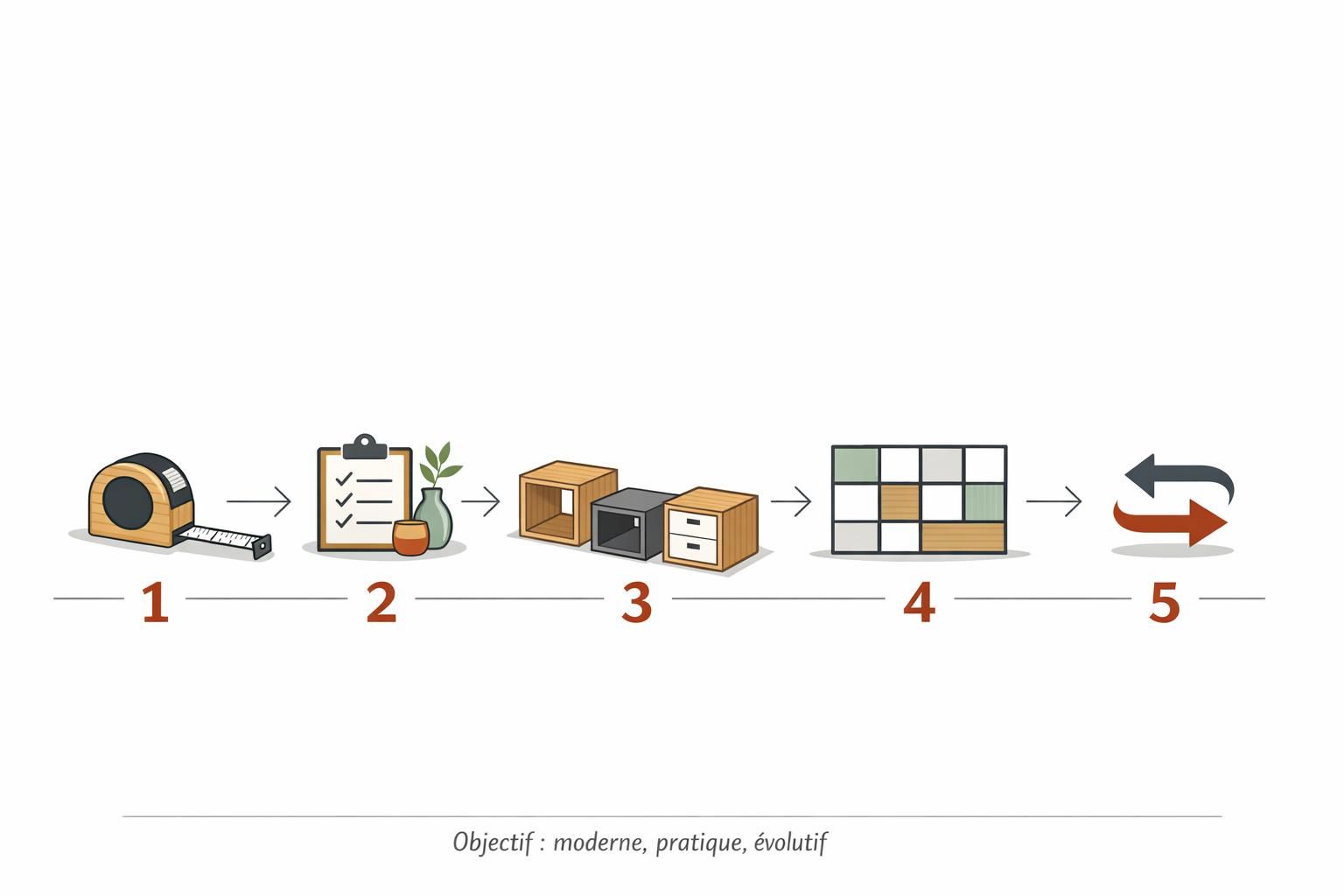 Schéma en 5 étapes pour concevoir une bibliothèque modulable design dans un intérieur moderne, du relevé de mesures à l’évolutivité