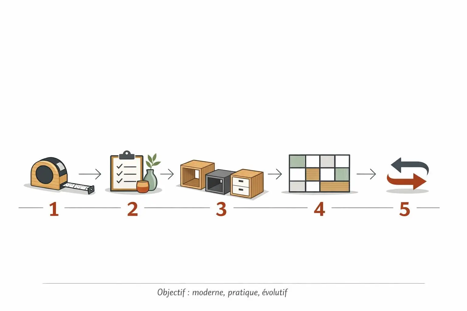 Schéma en 5 étapes pour concevoir une bibliothèque modulable design dans un intérieur moderne, du relevé de mesures à l’évolutivité