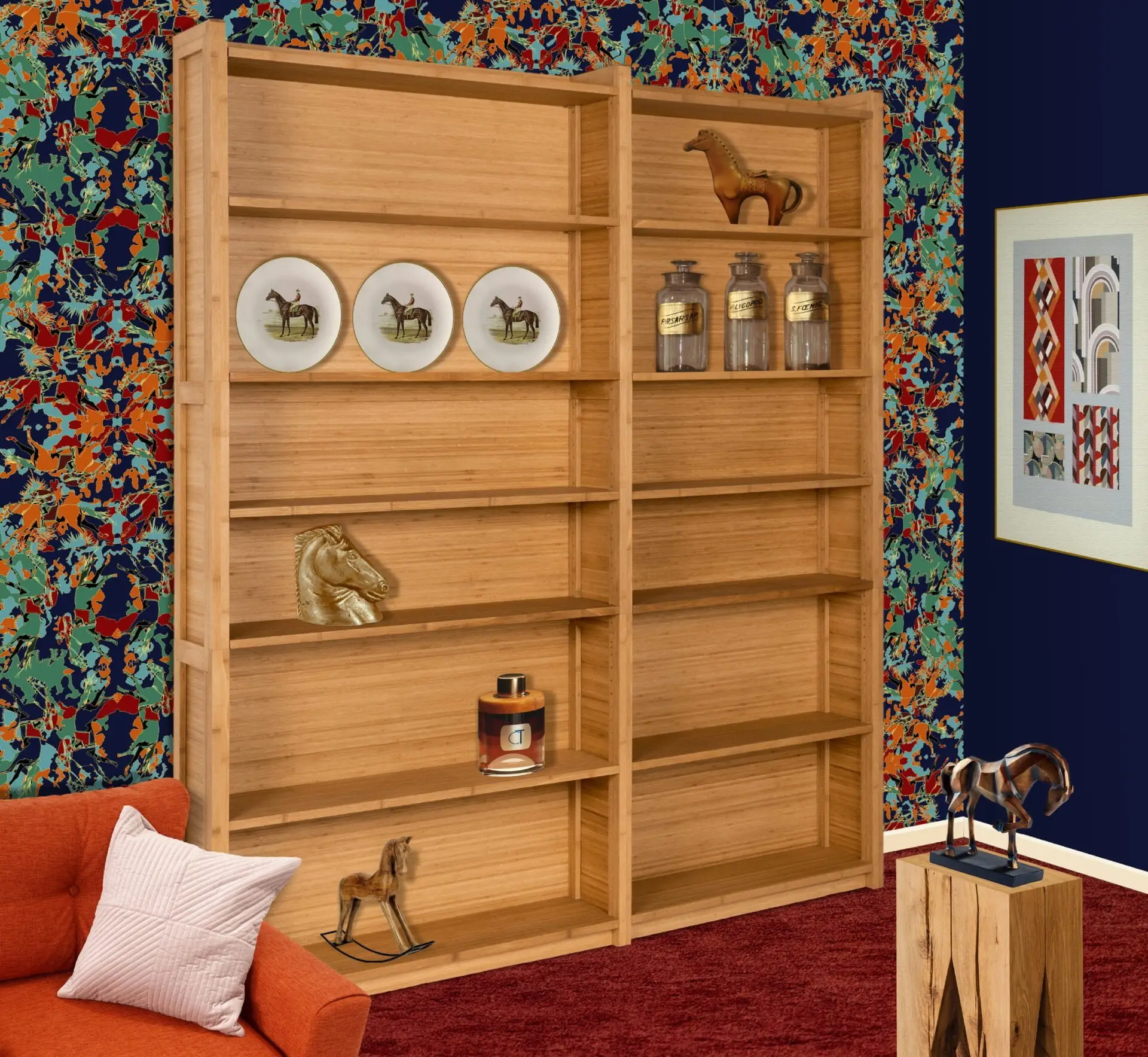 Bibliothèque en bambou dans une chambre d'enfant, papier peint animalier