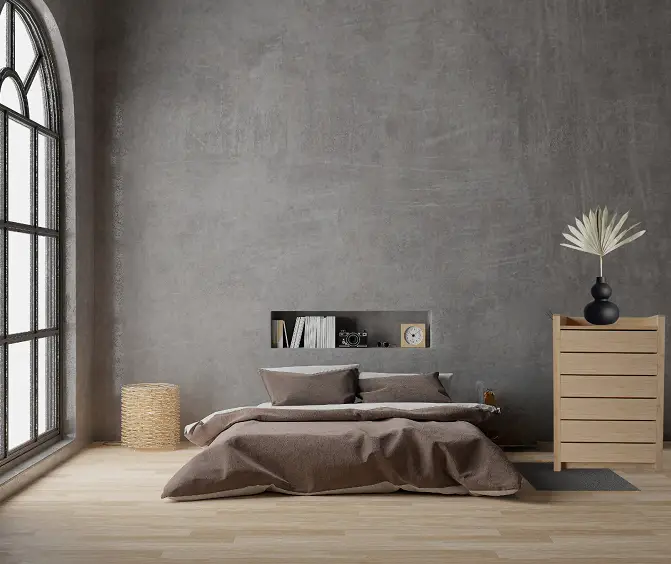Commode six tiroirs en bambou, chambre aux murs gris