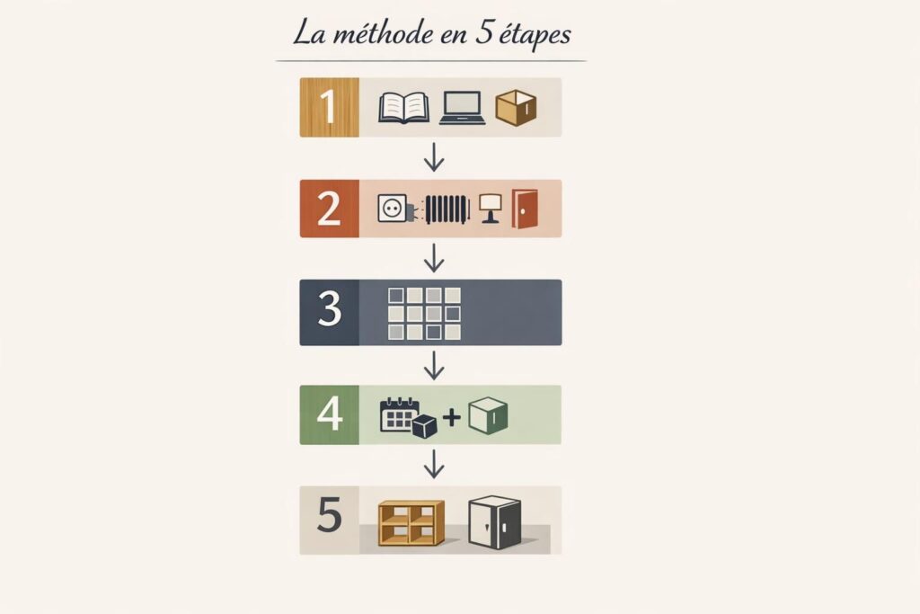 Diagramme de la méthode en 5 étapes pour aménager avec des meubles modulables