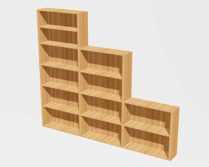 Aperçu du configurateur : bibliothèque en escalier en bambou, trois colonnes de hauteurs décroissantes